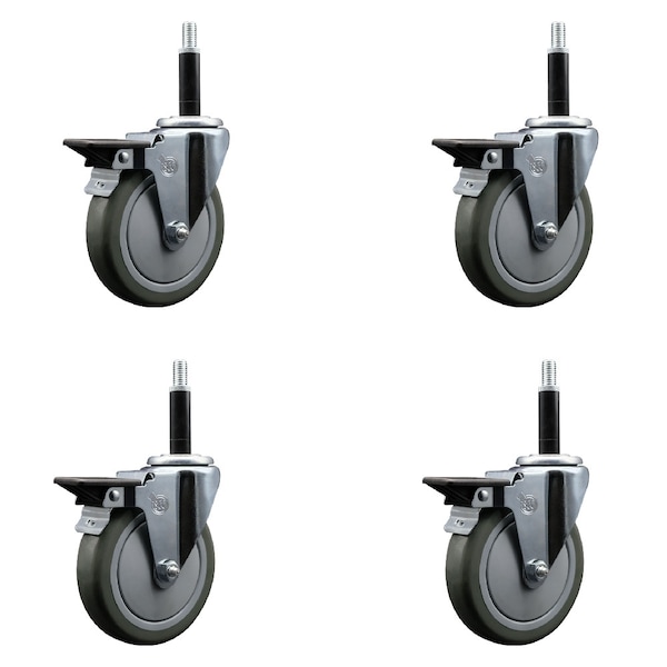 5'' Gray Poly Swivel 3/4'' Expanding Stem Caster Set with Brake, 4PK